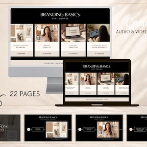 May include: A digital course titled Branding Basics Mini Course displayed on a computer monitor and laptop screen, featuring four modules: Understanding Branding, Brand Identity, Content Creation, and Engaging With Your Audience, totaling 22 pages.
