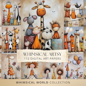 May include: A collection of digital art papers featuring various illustrations of stylized animals and figures in orange, brown, and neutral tones. The central text reads WHIMSICAL ARTSY 112 DIGITAL ART PAPERS and WHIMSICAL WORLD COLLECTION.