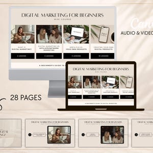 May include: A digital marketing mini course template for Canva featuring 28 pages. The design includes a desktop monitor and laptop displaying course modules, lesson counts, and instructional slides with text titled Digital Marketing for Beginners.