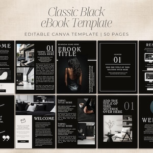May include: A Classic Black eBook Template featuring 50 editable pages. The layout includes black backgrounds with white serif typography, placeholder images of interior spaces, and sections labeled Welcome, Resources, and Chapter 01.