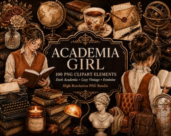 Paquete de imágenes prediseñadas de estilo Dark Academia, 100 elementos PNG, acuarela vintage, uso comercial.