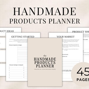 May include: A 45-page handmade products planner featuring a beige cover with black text reading The Handmade Products Planner Created By (Your Business Name). The interior pages include sections for product ideas, getting started, and shipping.