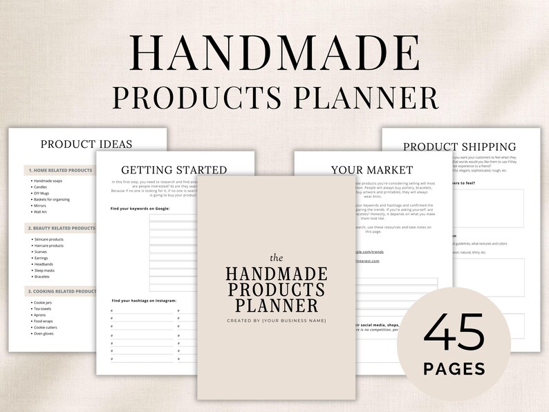 May include: A 45-page handmade products planner featuring a beige cover with black text reading The Handmade Products Planner Created By (Your Business Name). The interior pages include sections for product ideas, getting started, and shipping.