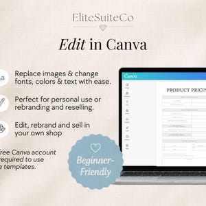 May include: A digital product pricing template displayed on a laptop screen. The text reads EliteSuiteCo, Edit in Canva, Product Pricing, and Beginner-Friendly. Icons represent editing features, and text explains that a free Canva account is required.