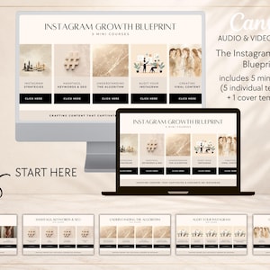 May include: A digital product display featuring the Instagram Growth Blueprint with five mini courses. The layout includes a desktop monitor and laptop screen showing course modules, plus five individual slide templates with beige tones.