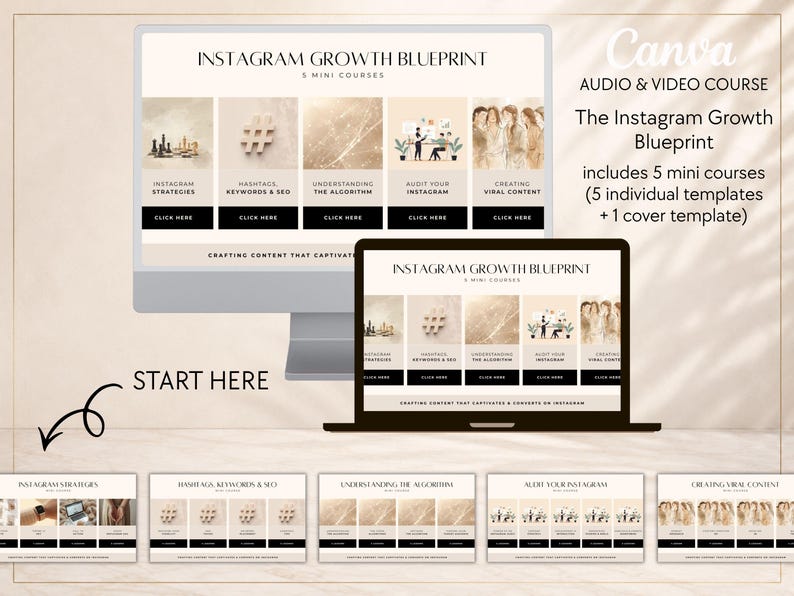 May include: A digital product display featuring the Instagram Growth Blueprint with five mini courses. The layout includes a desktop monitor and laptop screen showing course modules, plus five individual slide templates with beige tones.