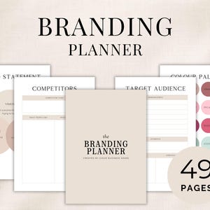 May include: A branding planner document set featuring a beige cover with the text 'the BRANDING PLANNER' and 'CREATED BY (YOUR BUSINESS NAME)'. Interior pages include sections for Brand Statement, Competitors, Target Audience, and Colour Palettes.