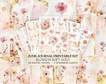 Junk Journal Kit, Pink Floral Ephemera Printables, Gold Foil Scrapbook Paper