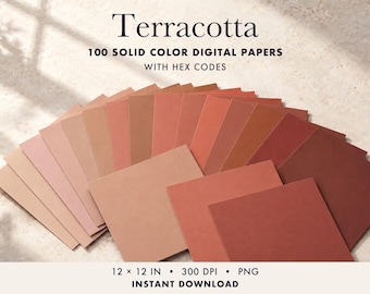 May include: A collection of 100 solid colour digital papers in various shades of terracotta, arranged in a fan shape. The text reads: Terracotta, 100 SOLID COLOUR DIGITAL PAPERS WITH HEX CODES, 12 x 12 IN, 300 DPI, PNG, INSTANT DOWNLOAD.