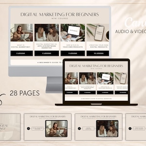 May include: A digital marketing mini course displayed on a computer monitor and laptop screen, featuring 28 pages of content. The slides include the text Digital Marketing for Beginners, lesson breakdowns, and imagery of people working on laptops and mobile devices.