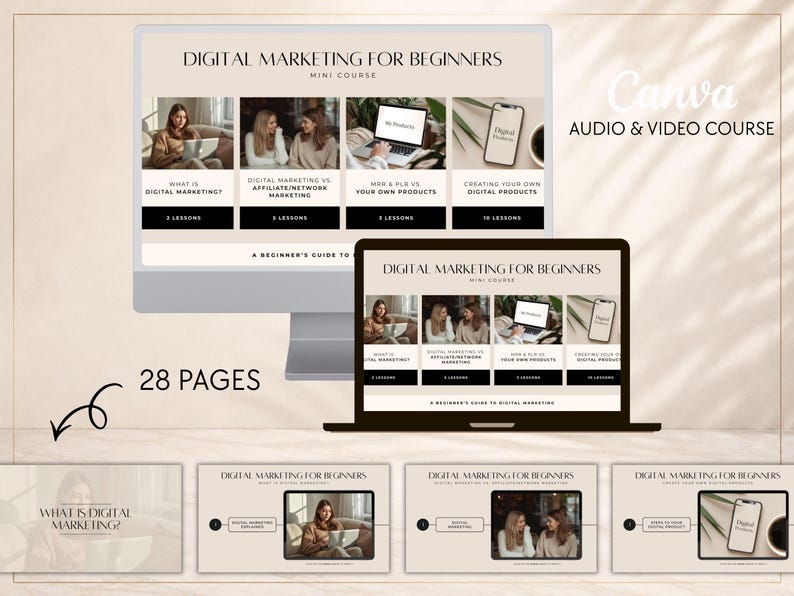 May include: A digital marketing mini course displayed on a computer monitor and laptop screen, featuring 28 pages of content. The slides include the text Digital Marketing for Beginners, lesson breakdowns, and imagery of people working on laptops and mobile devices.