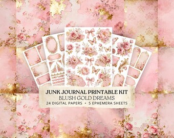 Printable Junk Journal Pages, Vintage Ephemera Sheets, Pink Gold Paper Craft Kit