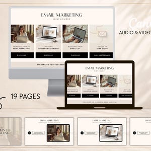 May include: A digital email marketing mini course template displayed on a desktop monitor and laptop screen, featuring 19 pages of content including modules on creating content, building email lists, and strategies for successful email marketing.