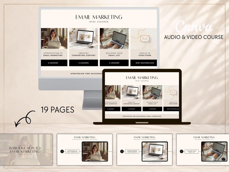 May include: A digital email marketing mini course template displayed on a desktop monitor and laptop screen, featuring 19 pages of content including modules on creating content, building email lists, and strategies for successful email marketing.