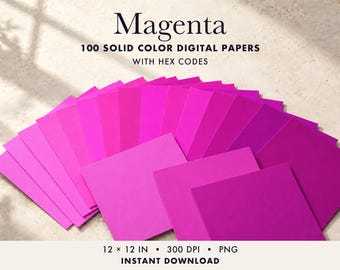 May include: A collection of 100 solid magenta digital papers arranged in a fan shape. The text reads Magenta, 100 Solid Color Digital Papers With Hex Codes, 12 x 12 in, 300 DPI, PNG, Instant Download. The papers feature various shades of pink.