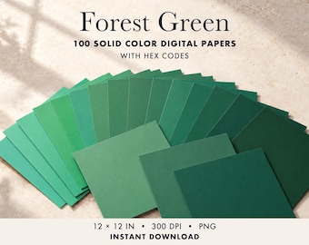 May include: A collection of 100 solid colour digital papers in various shades of forest green, arranged in a fan shape. The text reads Forest Green, 100 SOLID COLOUR DIGITAL PAPERS WITH HEX CODES, 12 x 12 IN, 300 DPI, PNG, INSTANT DOWNLOAD.