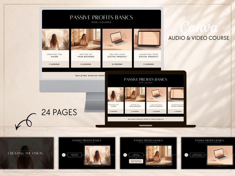 May include: A digital course titled Passive Profits Basics displayed on a computer monitor and laptop screen, featuring 24 pages of content including modules on creating the vision, setting up the backend, selling, and launching digital products.