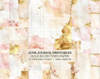 Gold Foil Junk Journal Pages, Blush Torn Paper Printable, Watercolor Scrapbook Pack