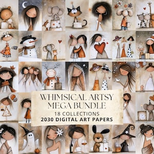 Può includere: Una collezione di arte digitale che presenta numerose illustrazioni di personaggi stilizzati, animali e temi stagionali in una tavolozza di colori tenui. Il testo centrale recita: WHIMSICAL ARTSY MEGA BUNDLE, 18 COLLECTIONS, 2030 DIGITAL ART PAPERS.