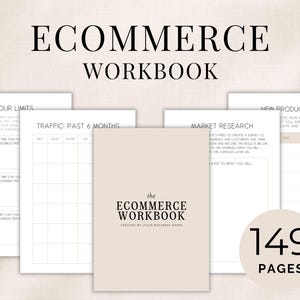 May include: An ecommerce workbook with a beige cover featuring the text ECOMMERCE WORKBOOK and CREATED BY YOUR BUSINESS NAME. The workbook includes internal pages with headers such as YOUR LIMITS, TRAFFIC: PAST 6 MONTHS, MARKET RESEARCH, and NEW PRODUCTS, with a circular badge indicating 149 PAGES.