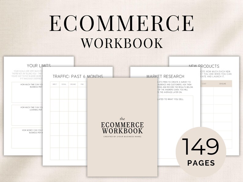 May include: An ecommerce workbook with a beige cover featuring the text ECOMMERCE WORKBOOK and CREATED BY YOUR BUSINESS NAME. The workbook includes internal pages with headers such as YOUR LIMITS, TRAFFIC: PAST 6 MONTHS, MARKET RESEARCH, and NEW PRODUCTS, with a circular badge indicating 149 PAGES.