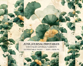 Ginkgo Leaf Junk Journal Pages, Botanical Green Gold Printable, Vintage Nature Scrapbook Pack