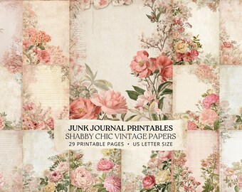 Vintage Floral Junk Journal Pages, Pink Peony Printable Paper, Shabby Chic Scrapbook Pack