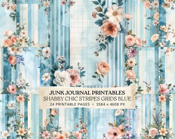 Blue Stripe Junk Journal Pages, Shabby Chic Grid Printable, Floral Scrapbook Paper Pack