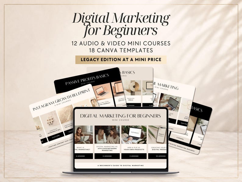 May include: A digital marketing course bundle featuring 12 audio and video mini courses and 18 Canva templates. The display shows the title Digital Marketing for Beginners, with various module cards including Instagram Growth Blueprint and Passive Profits Basics.