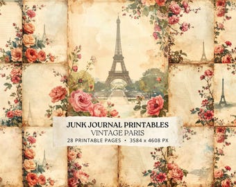 Paris Junk Journal Pages, Eiffel Tower Vintage Printable, French Rose Scrapbook Paper Pack