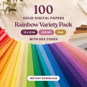 Pack de papiers numériques unis arc-en-ciel, 100 feuilles avec codes HEX nommés