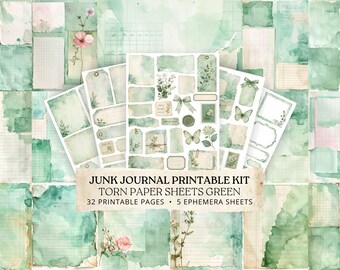 Green Torn Paper Junk Journal Kit, Sage Watercolor Ephemera Printable, Mint Scrapbook Pack