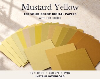 May include: A collection of 100 solid colour digital papers in various shades of mustard yellow, arranged in a fan shape. The text reads: Mustard Yellow, 100 SOLID COLOR DIGITAL PAPERS WITH HEX CODES, 12 x 12 IN, 300 DPI, PNG, INSTANT DOWNLOAD.