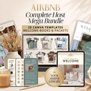 Könnte beinhalten: Ein digitales Produktpaket mit 25 Canva-Vorlagen für Airbnb-Willkommensbücher. Die Darstellung umfasst einen Laptop-Bildschirm mit verschiedenen Layouts, ein Tablet, einen goldenen Stift, eine brennende Kerze und eine Vase mit Trockenblumen.