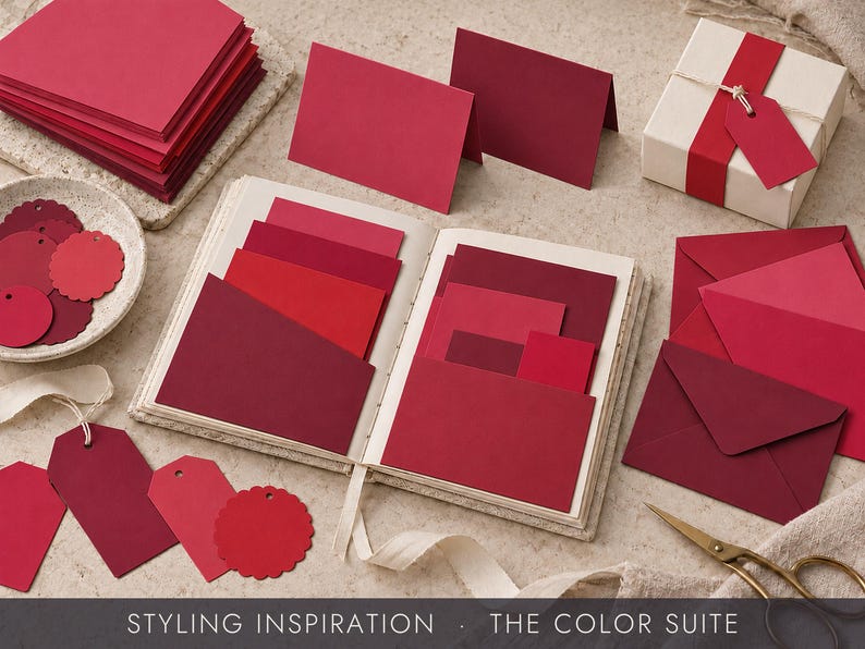May include: A collection of red stationery items including a stack of cards, a small open book with pockets holding various red paper swatches, gift tags, envelopes, and a gift box wrapped with a red ribbon and a tag. Gold scissors are included.