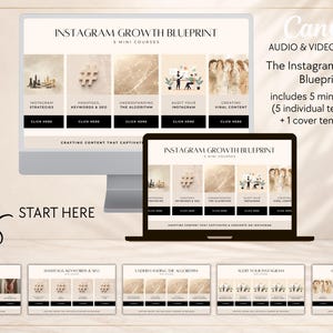 May include: A digital product display featuring the Instagram Growth Blueprint with five mini courses. The layout includes a desktop monitor and laptop screen showing course modules, plus five individual slide templates with beige and black accents.