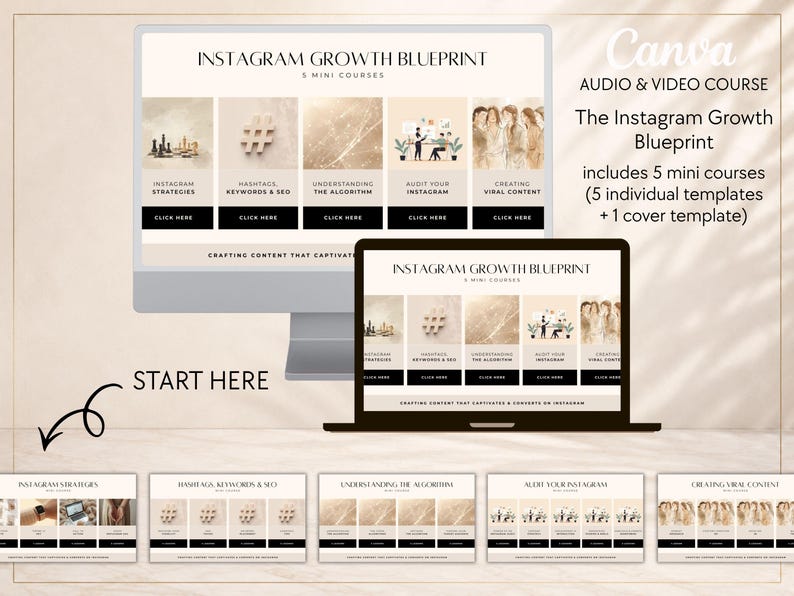 May include: A digital product display featuring the Instagram Growth Blueprint with five mini courses. The layout includes a desktop monitor and laptop screen showing course modules, plus five individual slide templates with beige and black accents.