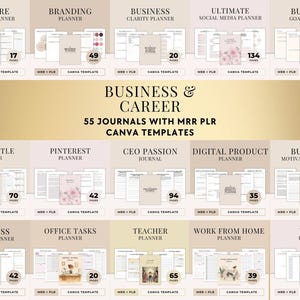 Könnte beinhalten: Darstellung von 55 Business- und Karriere-Journals mit Canva-Vorlagen. Das Bild zeigt verschiedene Planer-Cover, darunter "6-Figure Business Planner", "Branding Planner" und "Viral Planner". Jedes Cover hat einen Titel und eine Seitenzahl.