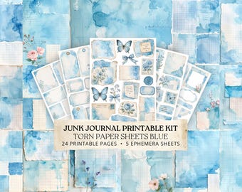 Blue Torn Paper Junk Journal Kit, Watercolor Ephemera Printable, Ocean Blue Scrapbook Pack