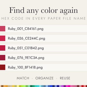 May include: A digital graphic with the text Find any colour again and HEX CODE IN EVERY PAPER FILE NAME. It lists five red colour swatches with filenames including Ruby_001_C84161.png, Ruby_026_CE244C.png, Ruby_051_C01B42.png, Ruby_076_9E1C3A.png, and Ruby_100_8F1418.png.