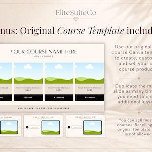 May include: A digital course template for Canva featuring a main slide with four module sections labeled with lesson counts, and three smaller slide previews below. The text includes EliteSuiteCo, Bonus: Original Course Template included, YOUR COURSE NAME HERE, MINI COURSE, YOUR FIRST MODULE HERE, 2 LESSONS, YOUR SECOND MODULE HERE, 1 LESSON, YOUR THIRD MODULE HERE, 4 LESSONS, YOUR FOURTH MODULE HERE, 3 LESSONS, and ADD THE SUBTITLE FOR YOUR COURSE HERE.