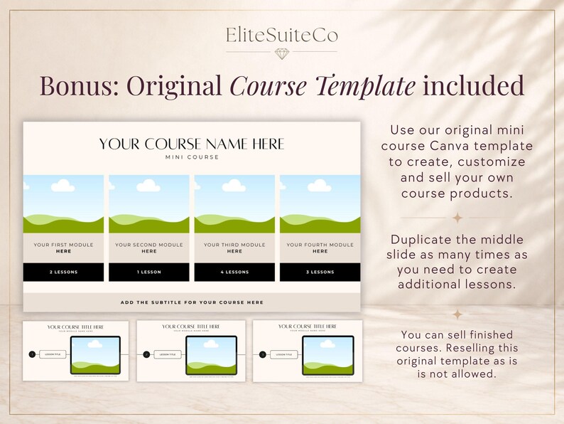 May include: A digital course template for Canva featuring a main slide with four module sections labeled with lesson counts, and three smaller slide previews below. The text includes EliteSuiteCo, Bonus: Original Course Template included, YOUR COURSE NAME HERE, MINI COURSE, YOUR FIRST MODULE HERE, 2 LESSONS, YOUR SECOND MODULE HERE, 1 LESSON, YOUR THIRD MODULE HERE, 4 LESSONS, YOUR FOURTH MODULE HERE, 3 LESSONS, and ADD THE SUBTITLE FOR YOUR COURSE HERE.