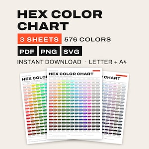 Könnte beinhalten: Eine digitale Hex-Farbkarte mit 576 Farben auf 3 Blättern. Der Text lautet HEX COLOR CHART, 3 SHEETS, 576 COLORS, PDF, PNG, SVG, INSTANT DOWNLOAD, LETTER + A4. Die Karte zeigt ein Raster mit verschiedenen Farbfeldern.