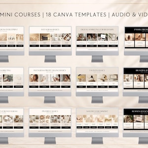 May include: A digital collection of 12 mini courses and 18 Canva templates displayed on computer monitors. The screens feature beige and black layouts with text including Instagram Growth Blueprint, Digital Marketing, and Branding Basics.