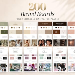 May include: A collection of 200 brand board templates for Canva, displayed in a grid. Each template features a unique color palette, logo variations, typography samples, and mood board imagery in various neutral, pastel, and dark tones.