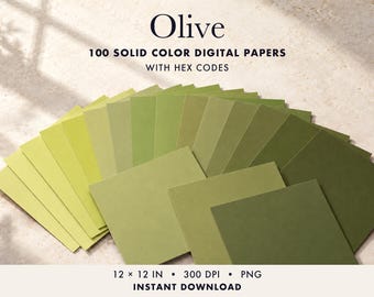 May include: A collection of 100 solid colour digital papers in various shades of olive green, arranged in a fan shape. The text reads Olive, 100 SOLID COLOUR DIGITAL PAPERS WITH HEX CODES, 12 x 12 IN, 300 DPI, PNG, INSTANT DOWNLOAD.