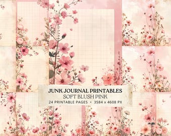 Blush Pink Junk Journal Pages, Cherry Blossom Printable Paper, Floral Notebook Scrapbook Pack