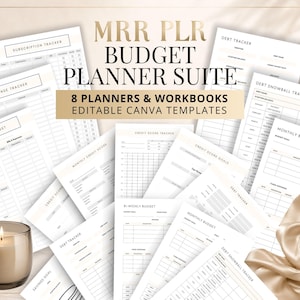 May include: A collection of white budget planner templates with black text, including trackers for debt, expenses, and savings. The text reads MRR PLR BUDGET PLANNER SUITE 8 PLANNERS & WORKBOOKS EDITABLE CANVA TEMPLATES. A glass candle and beige fabric are present.