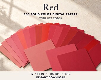 Puede incluir: Una colección de 100 papeles digitales de color sólido en varios tonos de rojo, dispuestos en forma de abanico. El texto dice: Red, 100 SOLID COLOR DIGITAL PAPERS WITH HEX CODES, 12 x 12 IN, 300 DPI, PNG, INSTANT DOWNLOAD.