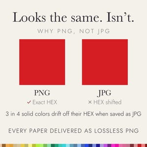 May include: An educational graphic comparing PNG and JPG file formats with two red squares. Text reads: Looks the same. Isn't. WHY PNG, NOT JPG. PNG Exact HEX. JPG HEX shifted. 3 in 4 solid colours drift off their HEX when saved as JPG.